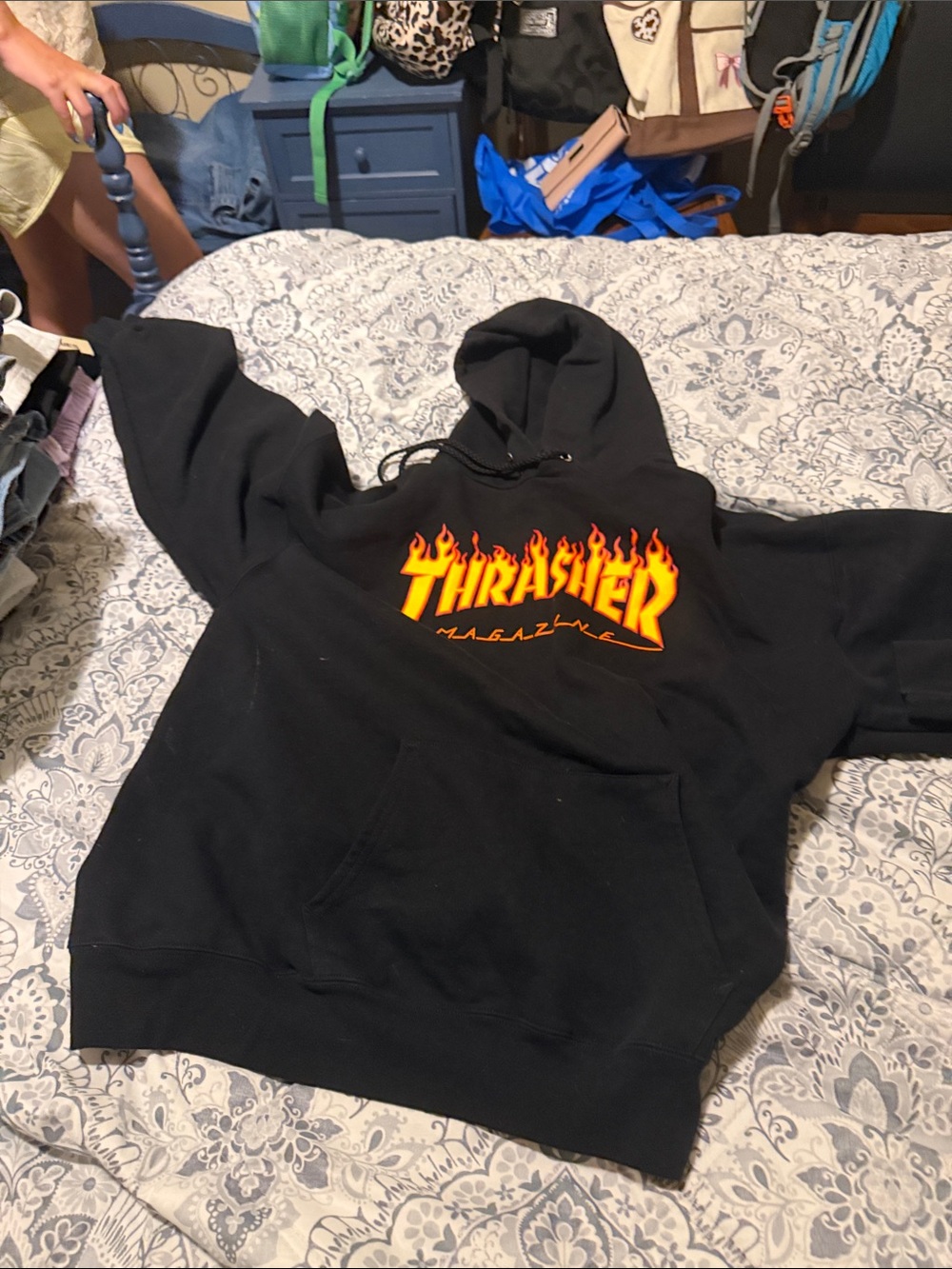 Thrasher Black Hoodie with Yellow-Orange Flame Logo